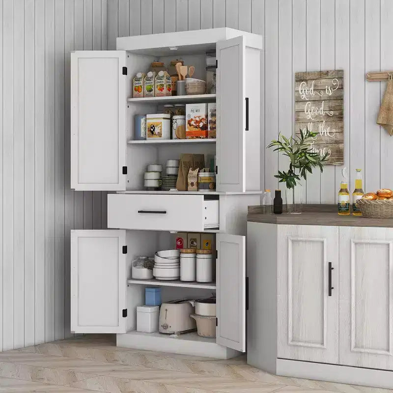 Meuble haut de cuisine de 183 cm, Armoire de rangement de cuisine avec portes coulissantes, tiroir, 5 étagères et étagères réglables