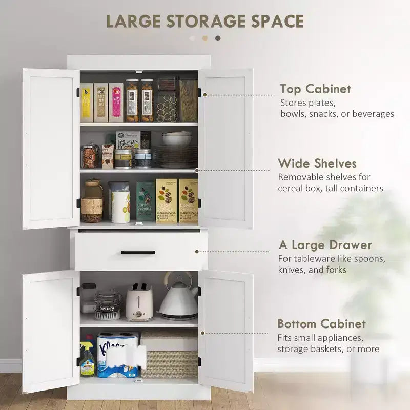 Meuble haut de cuisine de 183 cm, Armoire de rangement de cuisine avec portes coulissantes, tiroir, 5 étagères et étagères réglables