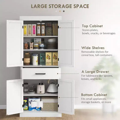 Meuble haut de cuisine de 183 cm, Armoire de rangement de cuisine avec portes coulissantes, tiroir, 5 étagères et étagères réglables