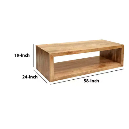 Table basse Royal Hampton en bois de manguier de 58 pouces, cube ouvert, 1 étagère, brun naturel