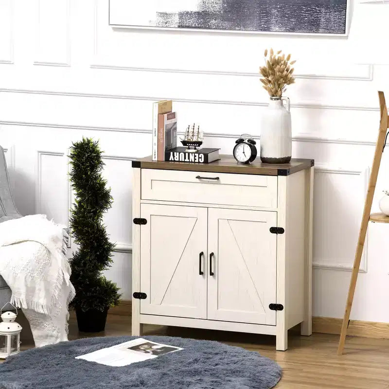 Buffet bahut de ferme moderne avec rangement, meuble de buffet avec 2 portes de grange et tiroir pour salle à manger