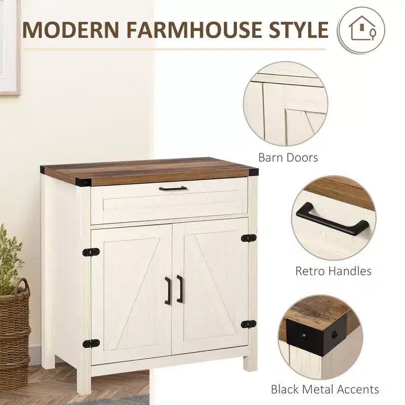 Buffet bahut de ferme moderne avec rangement, meuble de buffet avec 2 portes de grange et tiroir pour salle à manger