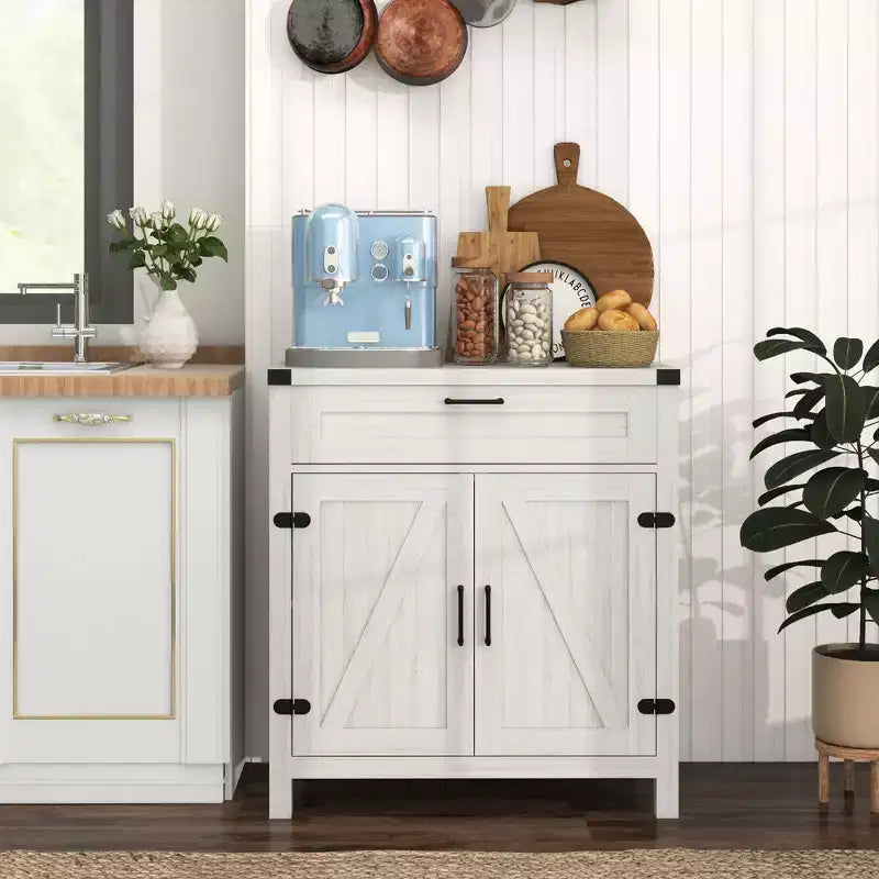 Buffet bahut de ferme moderne avec rangement, meuble de buffet avec 2 portes de grange et tiroir pour salle à manger