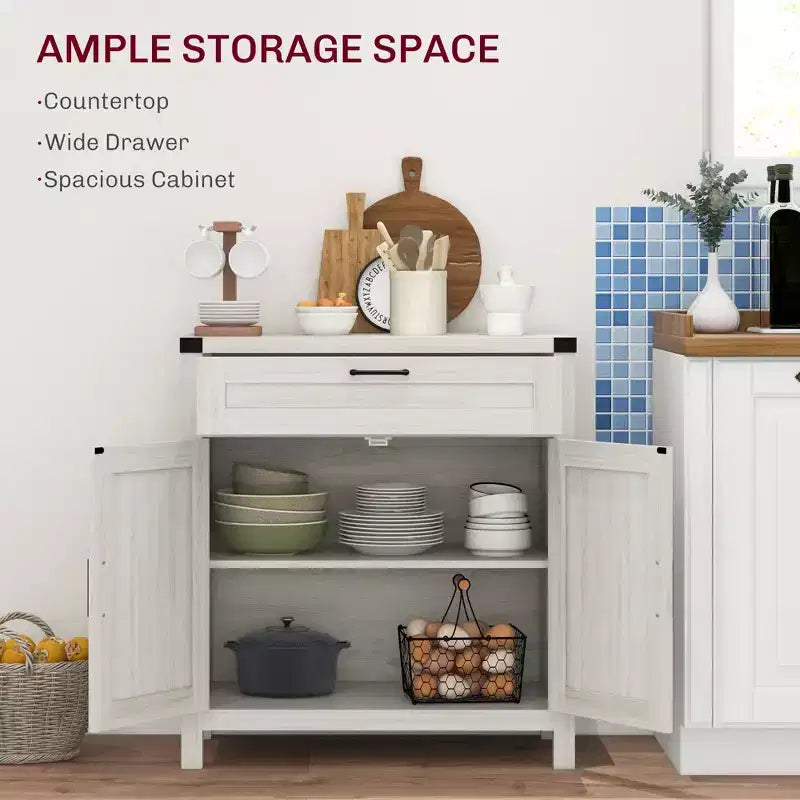 Buffet bahut de ferme moderne avec rangement, meuble de buffet avec 2 portes de grange et tiroir pour salle à manger