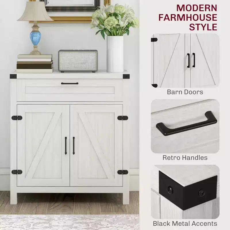Buffet bahut de ferme moderne avec rangement, meuble de buffet avec 2 portes de grange et tiroir pour salle à manger