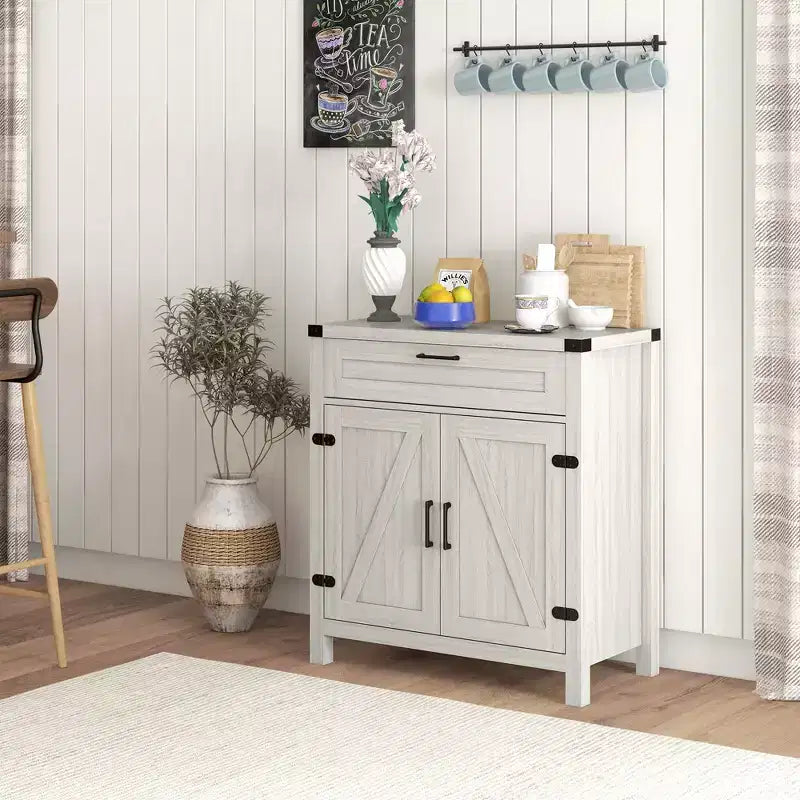 Buffet bahut de ferme moderne avec rangement, meuble de buffet avec 2 portes de grange et tiroir pour salle à manger