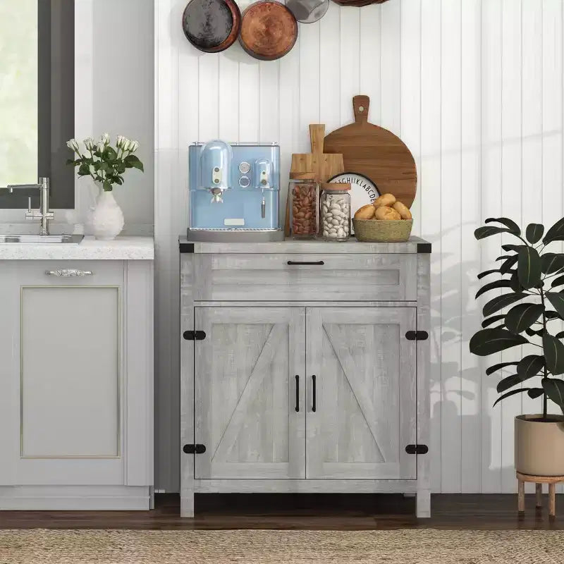 Buffet bahut de ferme moderne avec rangement, meuble de buffet avec 2 portes de grange et tiroir pour salle à manger