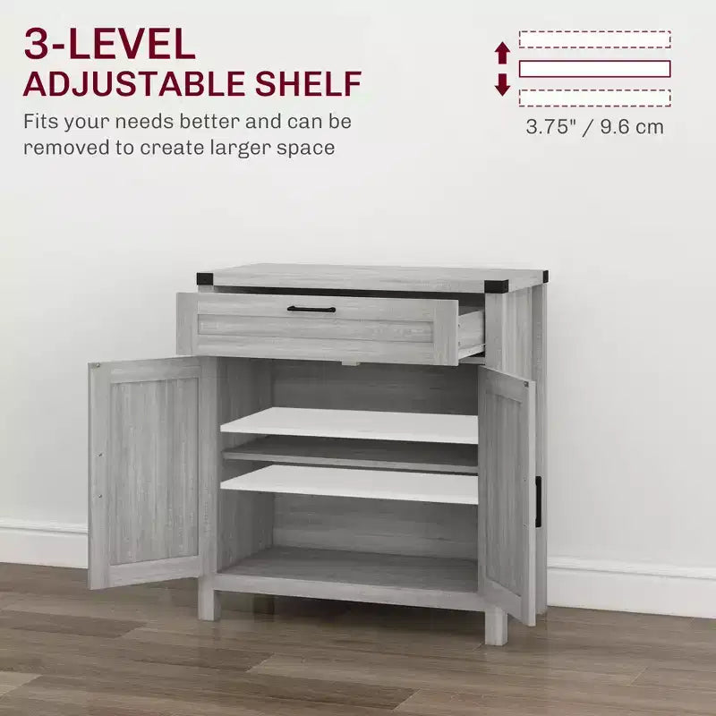 Buffet bahut de ferme moderne avec rangement, meuble de buffet avec 2 portes de grange et tiroir pour salle à manger
