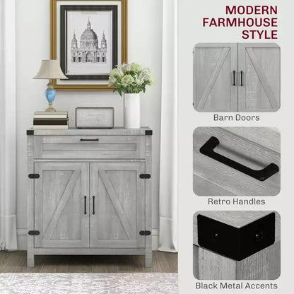 Buffet bahut de ferme moderne avec rangement, meuble de buffet avec 2 portes de grange et tiroir pour salle à manger