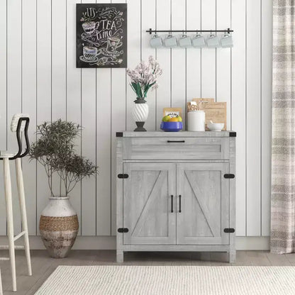 Buffet bahut de ferme moderne avec rangement, meuble de buffet avec 2 portes de grange et tiroir pour salle à manger