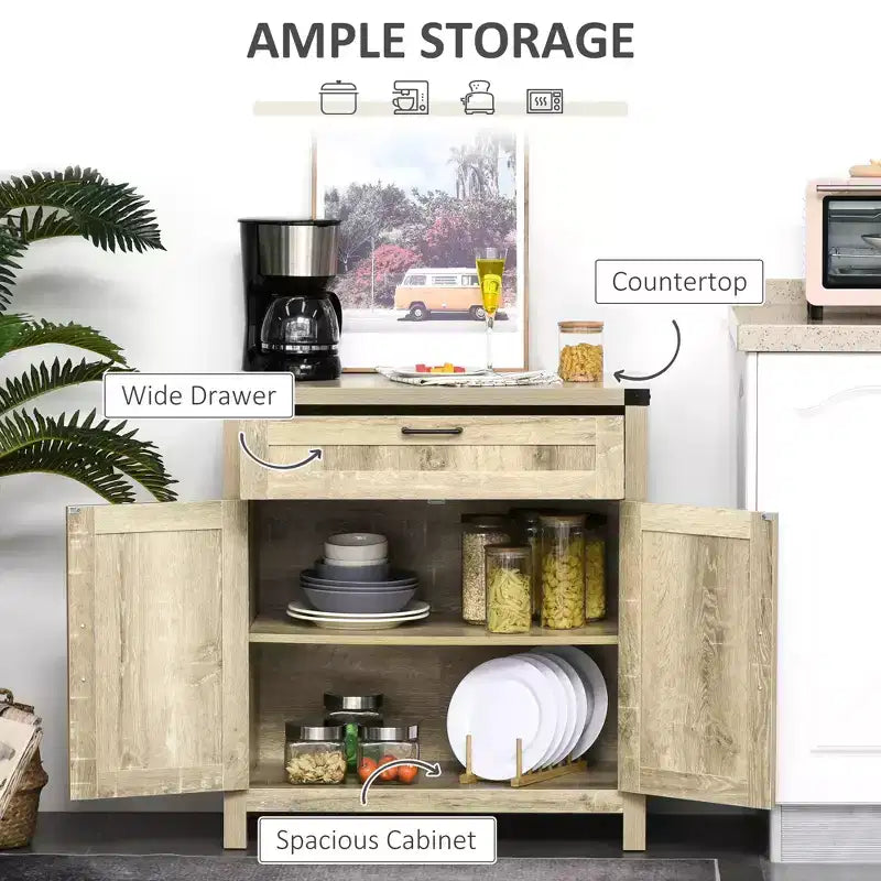 Buffet bahut de ferme moderne avec rangement, meuble de buffet avec 2 portes de grange et tiroir pour salle à manger