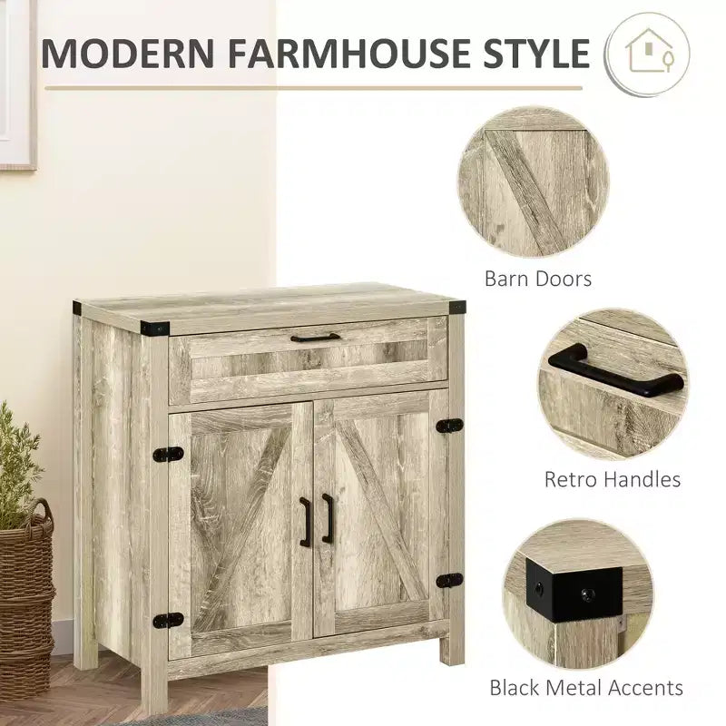 Buffet bahut de ferme moderne avec rangement, meuble de buffet avec 2 portes de grange et tiroir pour salle à manger