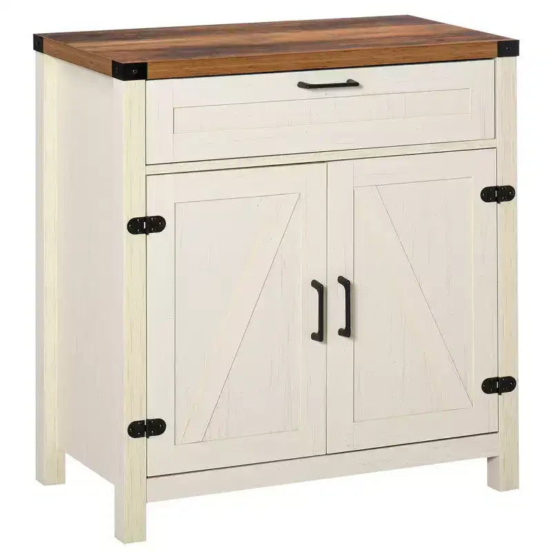 Buffet bahut de ferme moderne avec rangement, meuble de buffet avec 2 portes de grange et tiroir pour salle à manger
