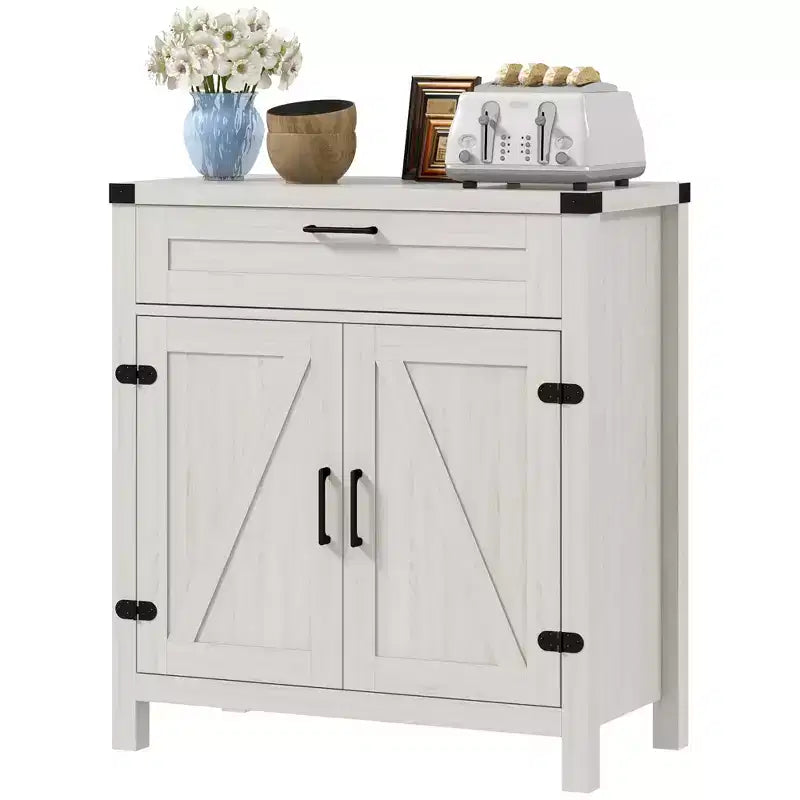 Buffet bahut de ferme moderne avec rangement, meuble de buffet avec 2 portes de grange et tiroir pour salle à manger