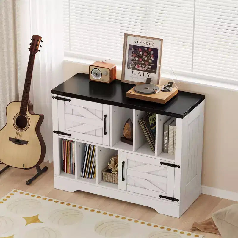 GustoWave Armoire de rangement en bois de ferme, Rangement moderne pour disques vinyles, Meuble TV pour platine vinyle de style Mid-Century, Buffet de 39 pouces