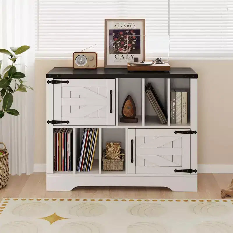 GustoWave Armoire de rangement en bois de ferme, Rangement moderne pour disques vinyles, Meuble TV pour platine vinyle de style Mid-Century, Buffet de 39 pouces