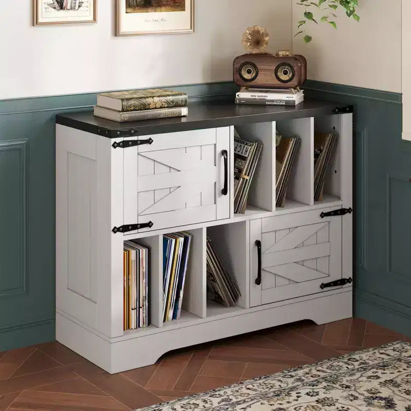 GustoWave Armoire de rangement en bois de ferme, Rangement moderne pour disques vinyles, Meuble TV pour platine vinyle de style Mid-Century, Buffet de 39 pouces