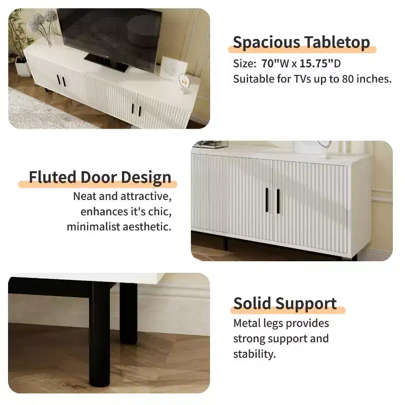 Meuble TV Dyonery 70 cannelé avec rangement pour salon, meuble TV pour téléviseurs jusqu'à 80 pouces, étagère réglable