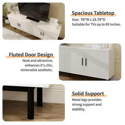 Meuble TV Dyonery 70 cannelé avec rangement pour salon, meuble TV pour téléviseurs jusqu'à 80 pouces, étagère réglable