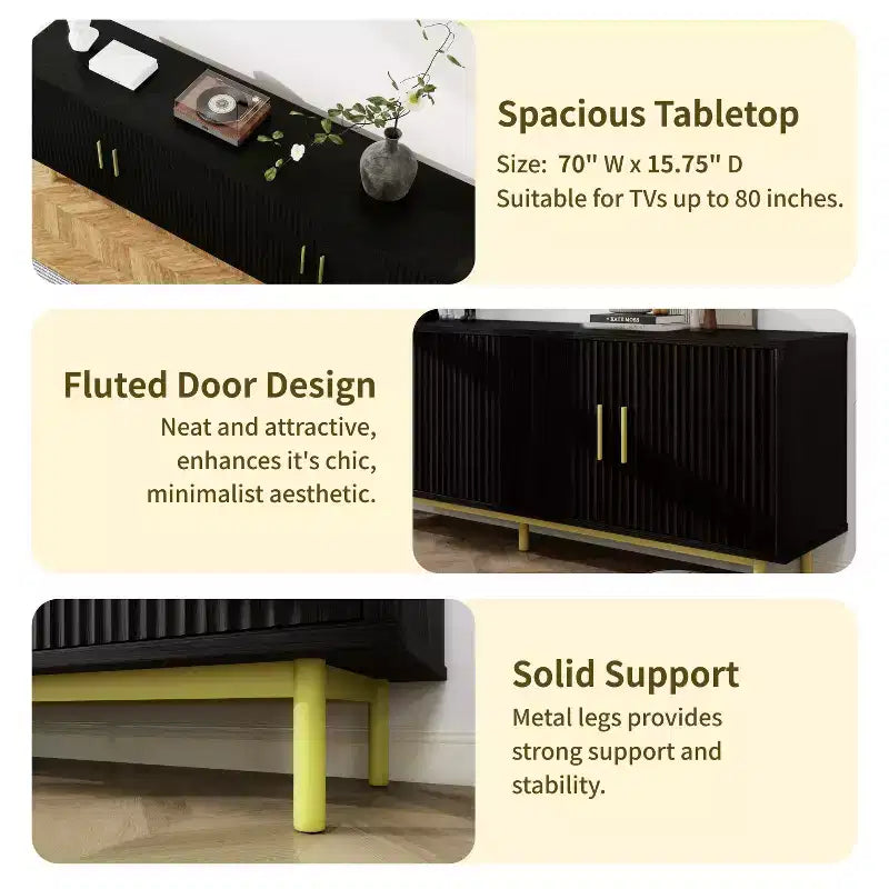 Meuble TV Dyonery 70 cannelé avec rangement pour salon, meuble TV pour téléviseurs jusqu'à 80 pouces, étagère réglable