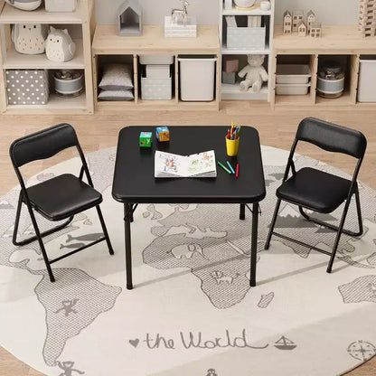 Ensemble table et deux chaises pliantes pour enfants, avec coussins en PU, facile à ranger, idéal pour les repas, la lecture et les jeux des enfants.