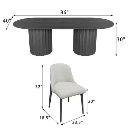 Table à manger ovale double base cylindrique noire de 86 pouces avec 8 chaises de salle à manger, convient pour salle à manger / salon