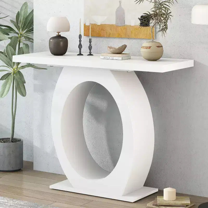 Console élégante Okak avec base ovoïde, table d'entrée avec plateau épais et durable, table d'appoint pour entrée, salon