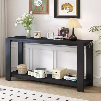 Okak Table console longue minimaliste avec grande étagère inférieure, table d'entrée avec 4 pieds larges, table d'appoint pour salon, couloir, noire