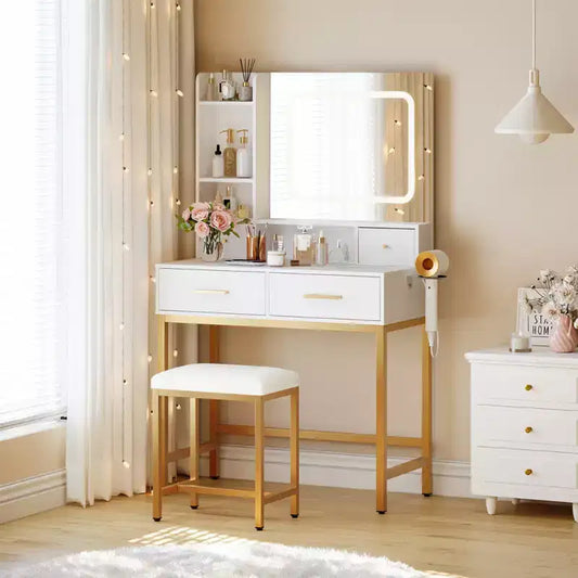 Makeup Vanity Set with LED Mirror & 3 Lighting Modes, Dressing Table with Chair, 4 Drawers, Power Outlet, and Storage Shelves for Bedroom