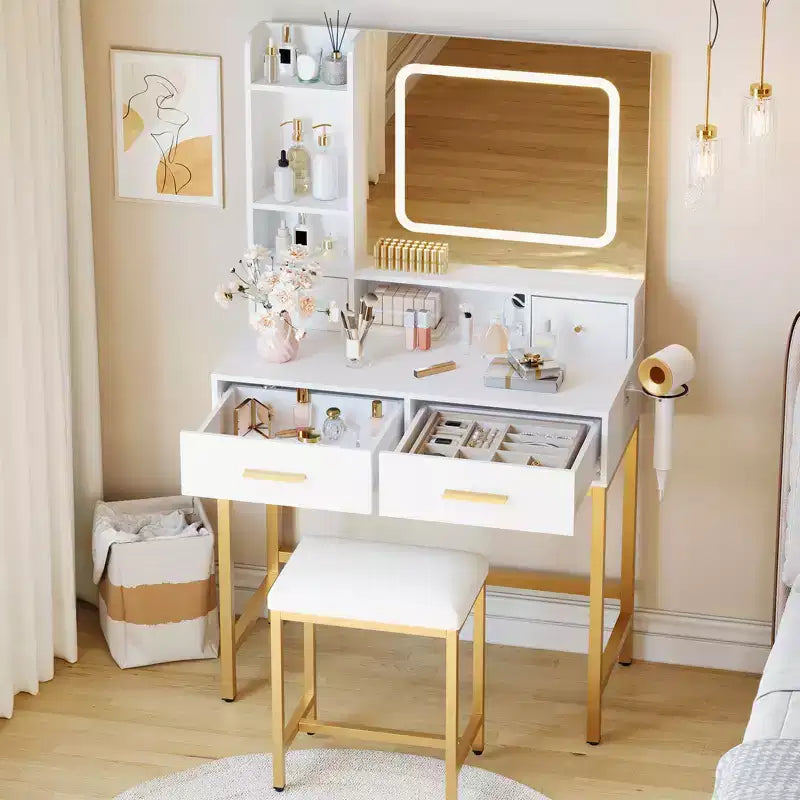 Coiffeuse avec miroir LED et 3 modes d'éclairage, tabouret, 4 tiroirs, prise de courant et étagères de rangement pour chambre à coucher