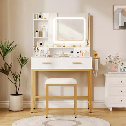 Coiffeuse avec miroir LED et 3 modes d'éclairage, tabouret, 4 tiroirs, prise de courant et étagères de rangement pour chambre à coucher