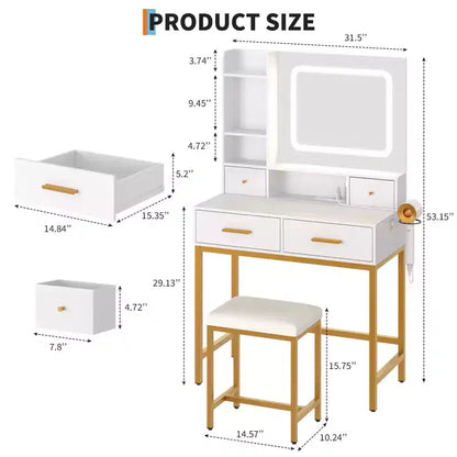 Coiffeuse avec miroir LED et 3 modes d'éclairage, tabouret, 4 tiroirs, prise de courant et étagères de rangement pour chambre à coucher