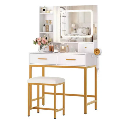 Coiffeuse avec miroir LED et 3 modes d'éclairage, tabouret, 4 tiroirs, prise de courant et étagères de rangement pour chambre à coucher