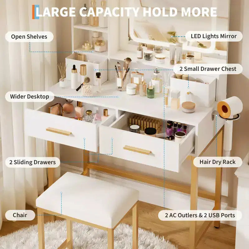 Coiffeuse avec miroir LED et 3 modes d'éclairage, tabouret, 4 tiroirs, prise de courant et étagères de rangement pour chambre à coucher