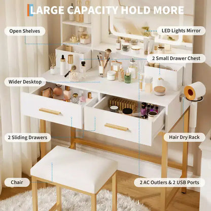 Coiffeuse avec miroir LED et 3 modes d'éclairage, tabouret, 4 tiroirs, prise de courant et étagères de rangement pour chambre à coucher