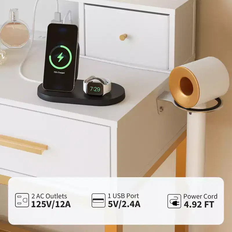 Coiffeuse avec miroir LED et 3 modes d'éclairage, tabouret, 4 tiroirs, prise de courant et étagères de rangement pour chambre à coucher