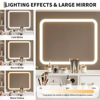 Coiffeuse avec miroir LED et 3 modes d'éclairage, tabouret, 4 tiroirs, prise de courant et étagères de rangement pour chambre à coucher