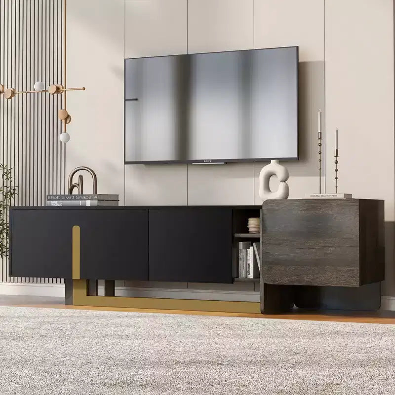 Meuble TV de luxe Bestier de 170 cm pour téléviseurs jusqu'à 70 pouces, meuble TV moderne avec pieds en métal, 1 tiroir, 2 armoires pour salon
