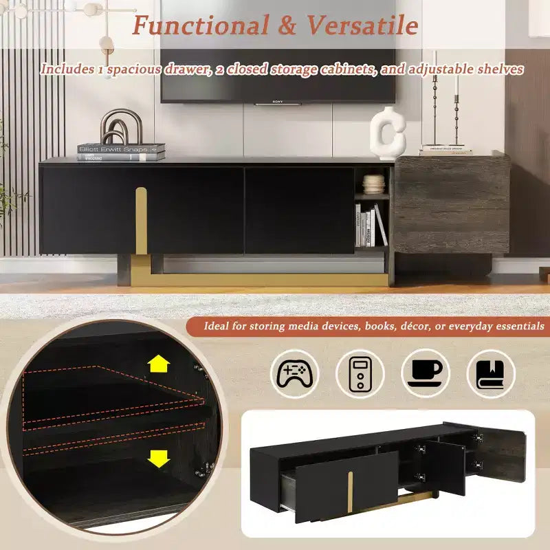 Meuble TV de luxe Bestier de 170 cm pour téléviseurs jusqu'à 70 pouces, meuble TV moderne avec pieds en métal, 1 tiroir, 2 armoires pour salon