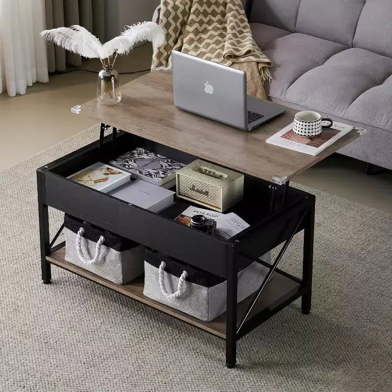 VINGLI 36 Lift Top Coffee Table with Cloth Storage Bins, Farmhouse Coffee Tables for Living Room, Black & Gray