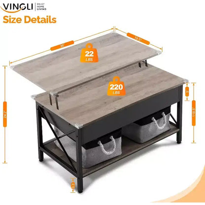 VINGLI Table basse relevable 36 avec bacs de rangement en tissu, tables basses de style ferme pour salon, noir et gris