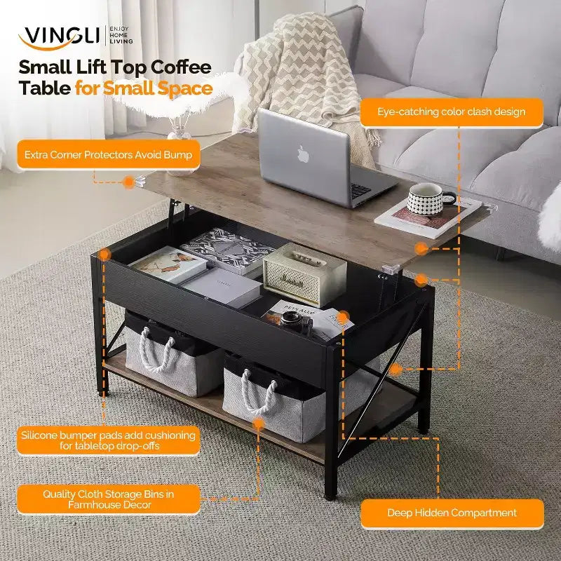 VINGLI Table basse relevable 36 avec bacs de rangement en tissu, tables basses de style ferme pour salon, noir et gris
