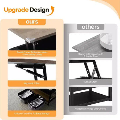VINGLI Table basse relevable 36 avec bacs de rangement en tissu, tables basses de style ferme pour salon, noir et gris