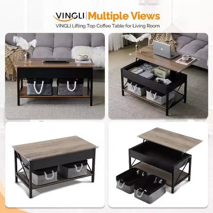VINGLI Table basse relevable 36 avec bacs de rangement en tissu, tables basses de style ferme pour salon, noir et gris
