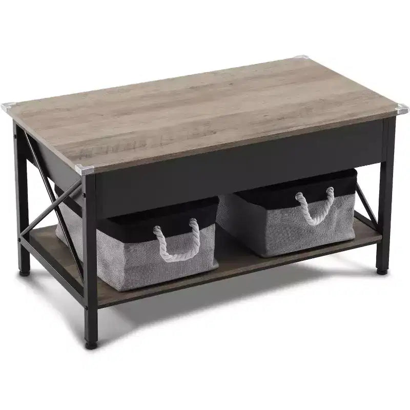 VINGLI Table basse relevable 36 avec bacs de rangement en tissu, tables basses de style ferme pour salon, noir et gris