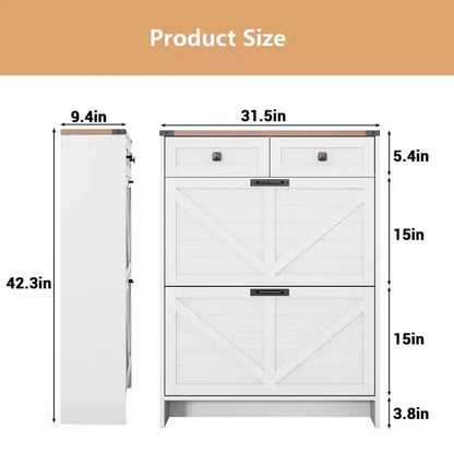 Meuble à chaussures avec 2 tiroirs à abattant et 2 armoires de rangement, Meuble à chaussures d'entrée, Meuble à chaussures en bois style ferme pour couloir, entrée, Blanc