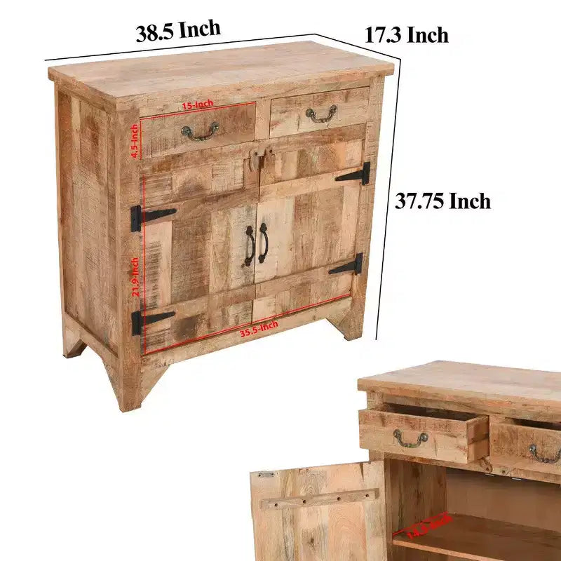 Console en bois de manguier avec 2 tiroirs et 2 portes de style rustique artisanal Royal Hampton 39 po