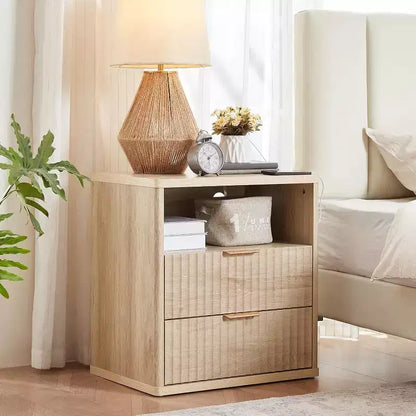 Fluted Nightstand, 23in Wide 2 Drawers End Table, Night Stand with Open Storage Cabinet, Farmhouse Bed Side Tables, Wood Dresser for Bedroom