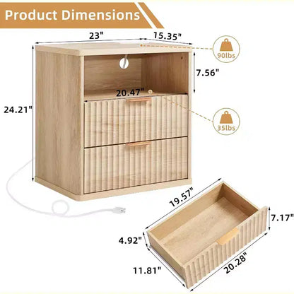 Table de chevet cannelée, table d'appoint à 2 tiroirs de 58,4 cm de large, table de chevet avec armoire de rangement ouverte, tables de chevet de ferme, commode en bois pour chambre à coucher
