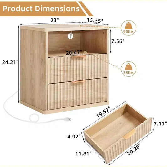 Table de chevet cannelée, table d'appoint à 2 tiroirs de 58,4 cm de large, table de chevet avec armoire de rangement ouverte, tables de chevet de ferme, commode en bois pour chambre à coucher